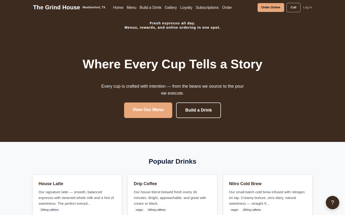 Coffee Shop Demo feature with design drawer